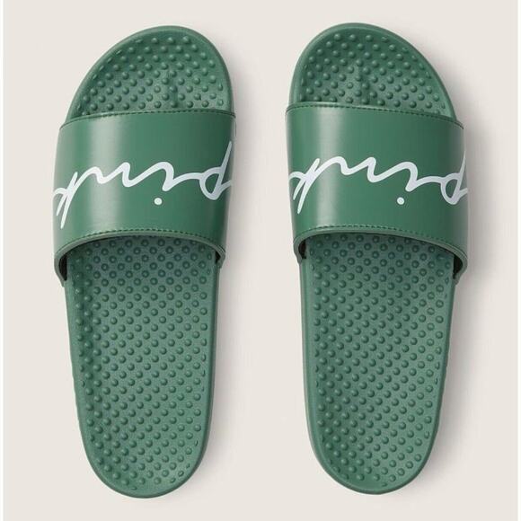 Victoria's Secret PINK Womens Script Logo Print Single Strap Slides Green M NWT - Picture 1 of 10